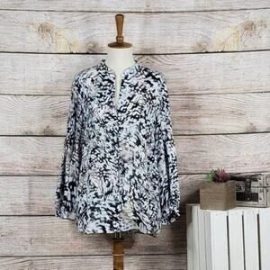 Parker Womens Button Up Blouse Top Size S Black White Long Sleeve V‎ Neck